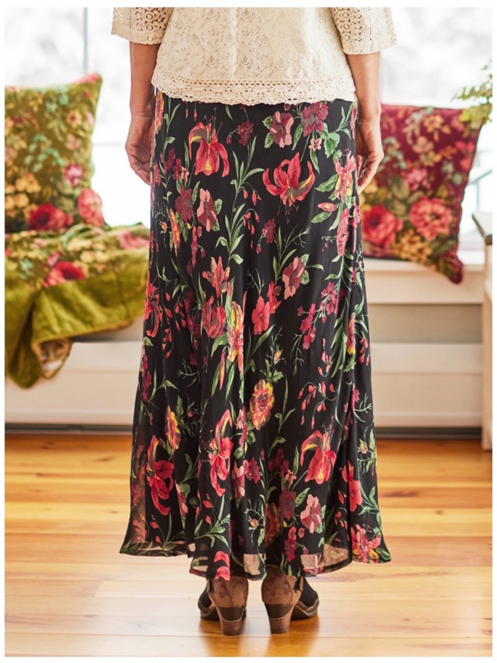 April Cornell Lillian Skirt Black Maxi Skirt with Pink and Green Floral Print